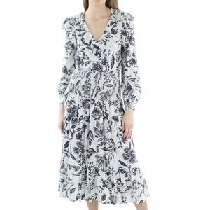 Aqua Brand Linen Blend Smocked Floral Midi Dress Large Cottagecore Boho Romantic